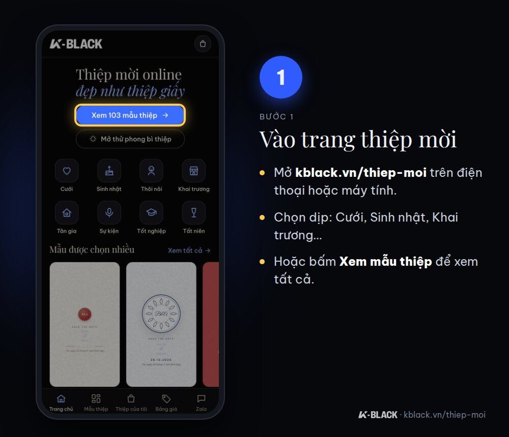 Bước 1: vào trang thiệp mời kblack.vn/thiep-moi