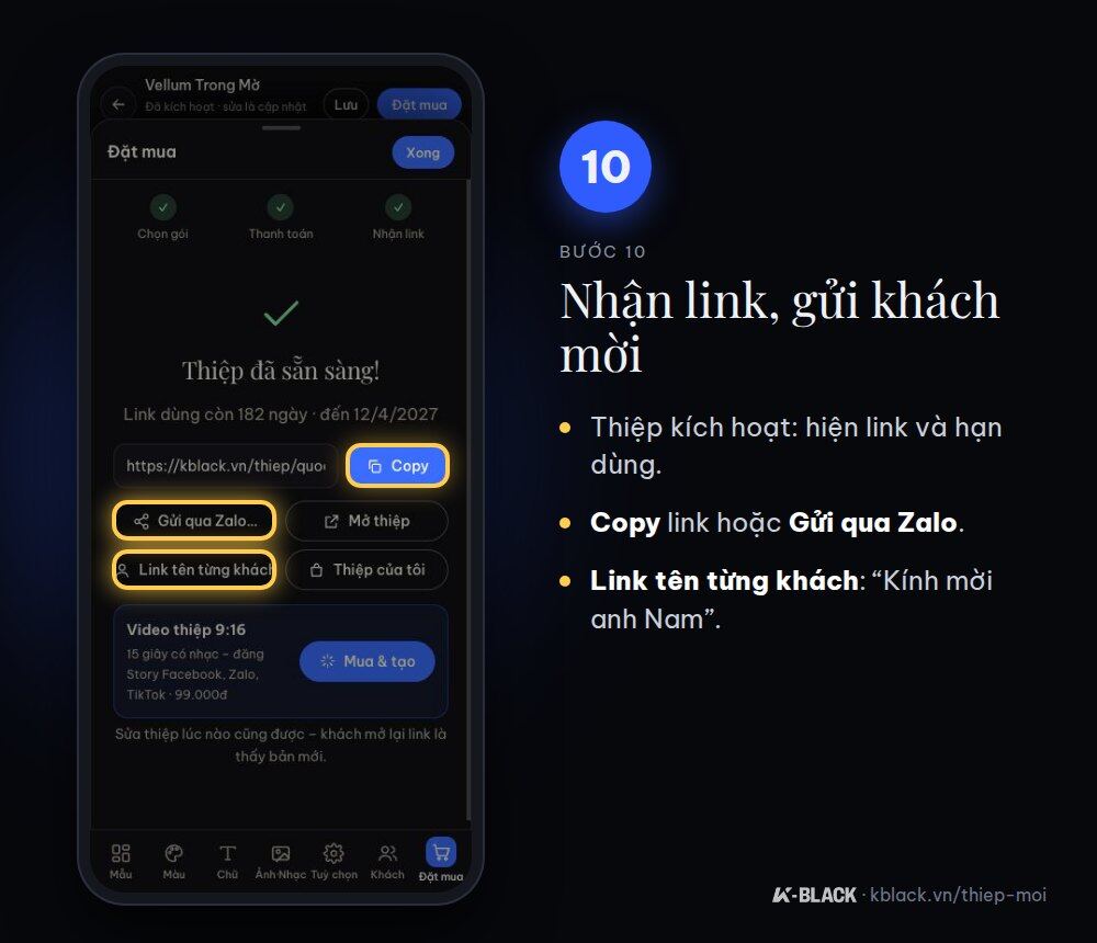 Bước 10: nhận link thiệp và gửi khách mời