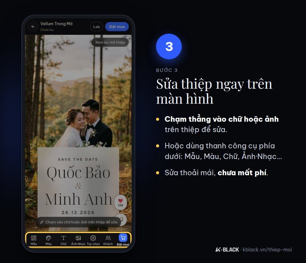 Bước 3: sửa thiệp ngay trên màn hình