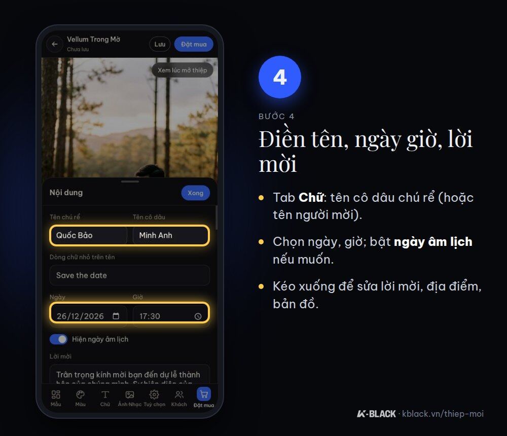 Bước 4: điền tên, ngày giờ, lời mời