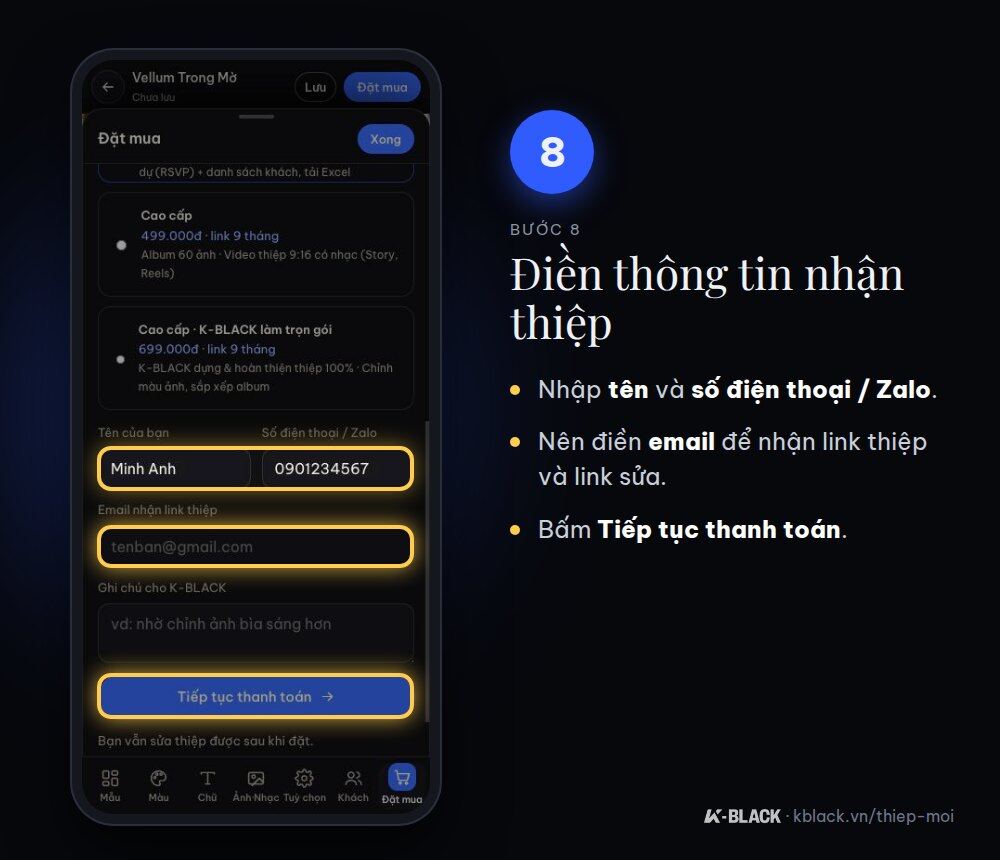 Bước 8: điền tên, số điện thoại, email