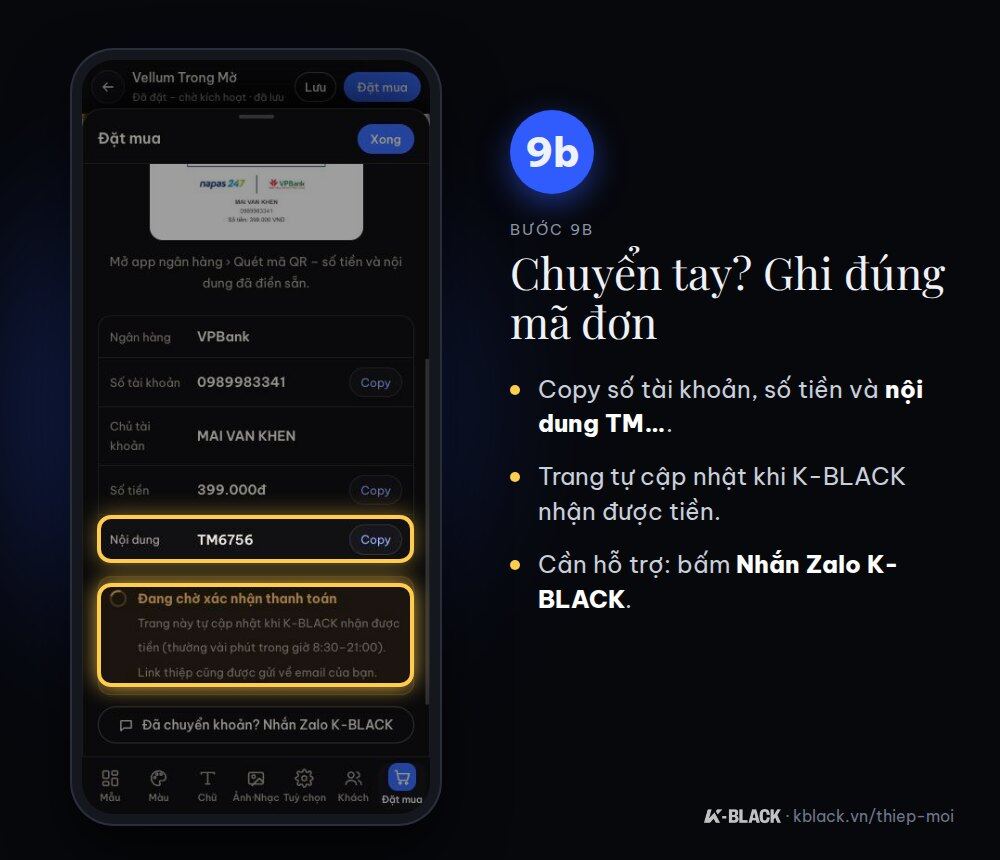 Chuyển khoản tay: ghi đúng nội dung mã đơn TM