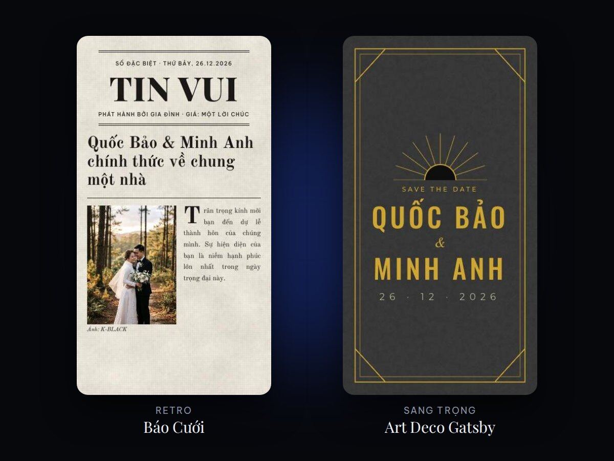 Mẫu thiệp cưới Báo Cưới và Art Deco Gatsby